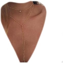 Gargantilla Doble Dorada Yheakne Gargantilla de doble capa con borla larga, collar de cadena de oro, collar fino con borla en Y, collares largos para mujeres y niñas