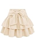 Timormode Women's Bow Mini Skirt High Waisted Ruffle Hem Short Skirts Cute A-Line Layered Skater Skirt TMS8005 Beige S