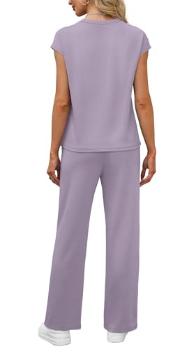 Image of WIHOLL 2 Piece Sets for Women Casual Summer Travel Vacation Outfits Cap Sleeve Lounge Set