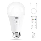 Powfloven Rechargeable Light Bulbs with Remote Control and USB Charging; Dimmable Battery Operated Light Bulb with 3 Color and 4 Timer; A19 Wireless Light Bulbs for Wall Sconce Not-Hardwired, 1 Pack