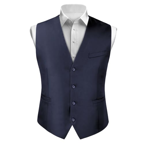 BSBUY Herren Weste Casual Anzugweste Regular mit 2 Taschen Mens V-Ausschnitt Weste Anzug Volltonfarbe Vintage Classic Gothic Weste Anzug Set für Formale Business Hochzeit Party Groomsmen Marineblau L