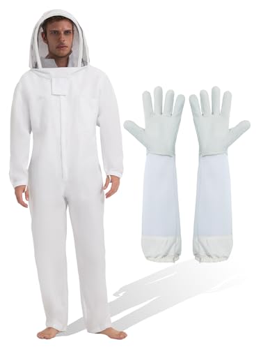 Beekeeping Suit Sting Proof Bee Suit for Men Women, Polycotton Beekeeper Suit with Ventilated Hood & Gloves, Beekeeping Supplies Bee Outfit for Backyard Beekeeping (XL)