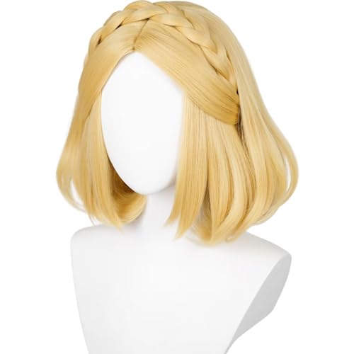 Image of Half and Half Short Blonde Princess Costume Wig Blonde Bob Braided Wigs 13.7'' Synthetic Hair for Halloween Women Party