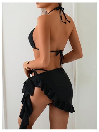 Verdusa Women's 3 Piece 3D Flower Halter Bikini Set Self Tie High Cut Swimsuit with Cover Up Skirt2