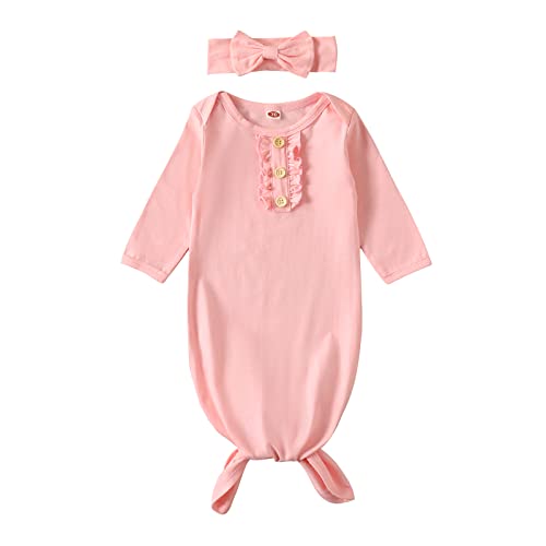 Image of Kislio Newborn Baby Girls Boy Knotted Gown Floral Nightgown Sleeper Gown Swaddle Headband Hat Coming Home Outfit Set