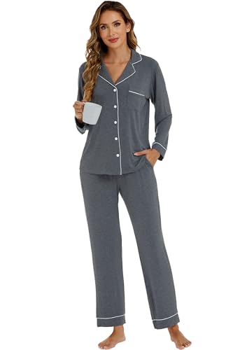 Image of LUBOT Womens Bamboo Viscose Pajamas for Women 2 Piece PJ Set Ultra Buttery Soft Cooling Button Long Sleeve Sleepwear S-XXL