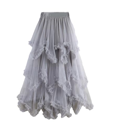 Women Tulle Long Skirt Irregular Mesh High Waist Midi Skirt Casual Evening Tiered Skirts