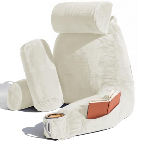 Image of Nestl Reading Pillow with Shredded Memory Foam Includes 2 Neck and Lumber Support Pillows, Designed for Sitting Up in Bed and Couch, Back and Arms Adjustable Support for Adult & Teens, Off White