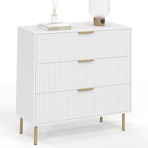 IDMarket - Kommode mit 3 Schubladen Marcel 80 cm Latten weiß und vergoldet
