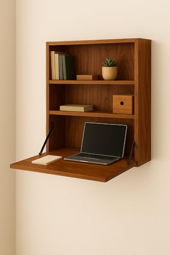 Image of Solid Sheesham Wood Wall Mounted Foldable Study Desk | Honey Finish | Space Saving Writing Table with Shelves | Self Assembly with Screws & Plugs (Honey)