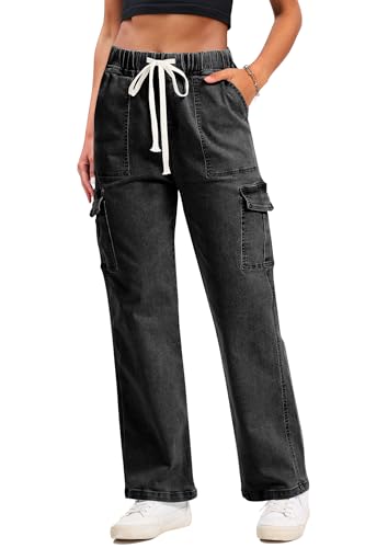 SESERAGI Cargo Jeans for Women Stretchy Straight Leg Drawstring Work Denim Pants with 6 Pockets Trousers