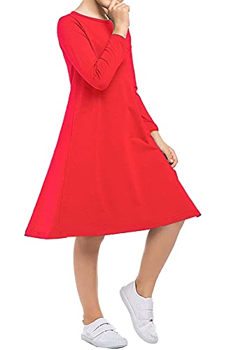 Kids Girls Swing Skater Dress Long Sleeve Flared Top Infants School Uniform Costume Fancy Dresses Party Formal 3-4 5-6 7-8 9-10 11-12 13 Years Winter Birthday World Book Day (3-4 Years, Red)