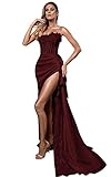 NABN Women Strapless Corset Appliques Black Prom Dresses with High Slit Formal Dress for Mermaid Evening Gowns, Burgundy, 18 Plus
