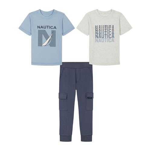 Listado de Ropa de Náutica para Niño Top 10. 40 Nautica - Juego de pantalones de dos camisetas de 3 piezas, Farina Heather/Cerulean/clásico índigo, 3 Años