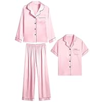 SWOMOG Kids Silk Pyjamas 3 Piece Girls Boys Button-Down Pyjama Short Long Sleeve Satin PJs Sets Children Sleepwear Age 6-15 Pink