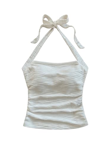 SHENHE Women's Textured Tie Back Halter Crop Top Sleeveless Backless Boho Cute Tank Top