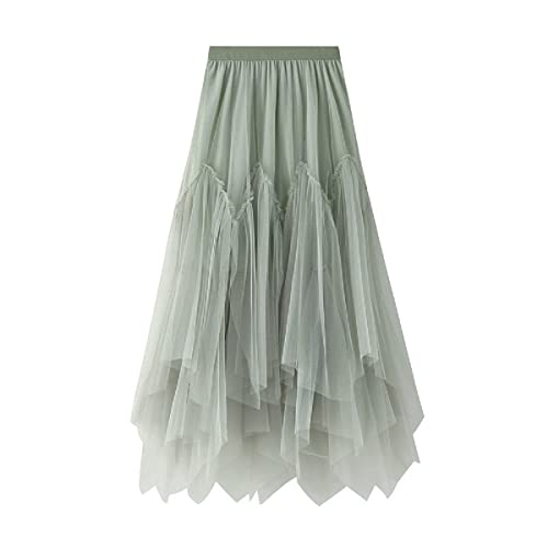 CCSYUS Women's Tulle Skirt Tiered Layered Mesh Pleated Skirt High Waist Ballet Prom Party Tulle Tutu A-line Midi Vintage Casual Asymmetric Skirt Green