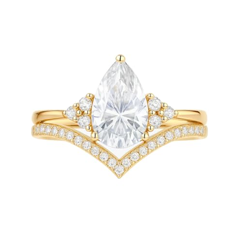 10K Gold 1.5 CT.tw. Moissanite Bridal Rings Sets for Her, 10K 14K 18K Real Yellow Gold Pear-cut Moissanite Engagement Ring Set for Women, 0.3ctw Eternity Wedding Band for Engagement