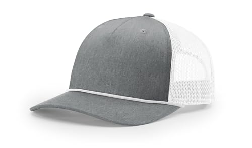 Richardson 112FPR Five Panel Pinch Adjustable Snapback Trucker Hat w/Bill Rope | Classic Mesh Back Cap| Bulk Packs Available (Heather Grey/White/White)
