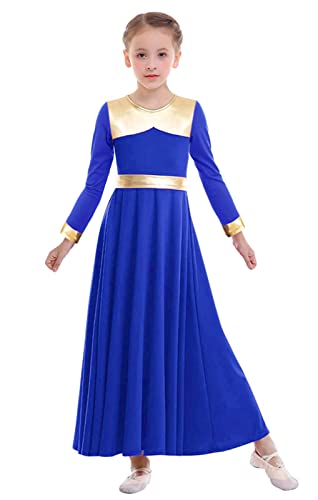 Z&X Girl's Praise Dance Metallic Gold Liturgical Worship Church Full Length Swing Costume Skirt Robe Outfit, 06 Royal Blue, 11-12 Years #TOP3