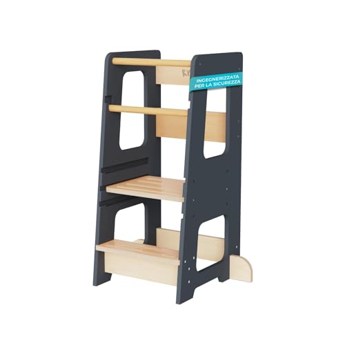 KYWAI® Torre Montessoriana Bambini Premium in Legno, Torretta Montessoriana – Regolabile in Altezza, Doppia Barra di...