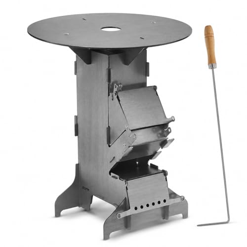 Peviasot Four à raquettes avec plaque de gril et crochet à feu Rocket Stove de plein air avec 2 pieds de support supplémentaires Four de camping en bois BBQ Camping Réchaud de camping Barbecue de