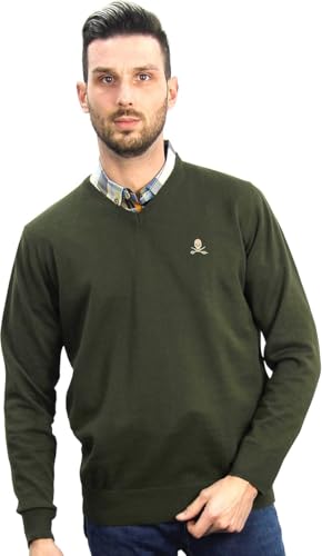 Jersey de Hombre Cuello Pico de Algodon Manga Larga de Marca Modelo Basico para Vestir Punto Fino (Verde Botella, XXL)