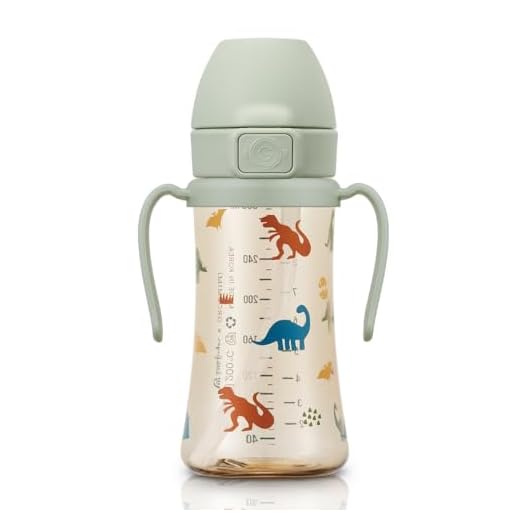 GROSMIMI Flip Top Spill Proof Sippy Cup, PPSU, BPA Free, 10 oz, Stage 2 Straw for Toddlers (Dinosaur)