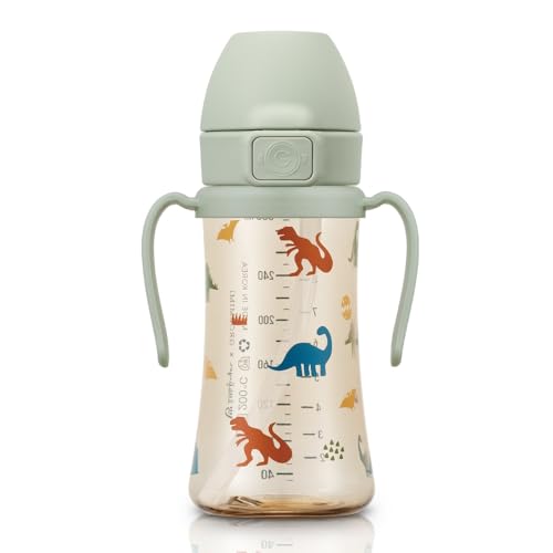 GROSMIMI Flip Top Spill Proof Sippy Cup with Stage 2 Straw for Toddlers Customizable PPSU BPA Free 10 oz Dinosaur