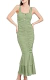 ebossy Women's Sexy Backless Zipper Pleated Ruffles Mermaid Fishtail Evening Party Bodycon Maxi Dress (Small, Green)