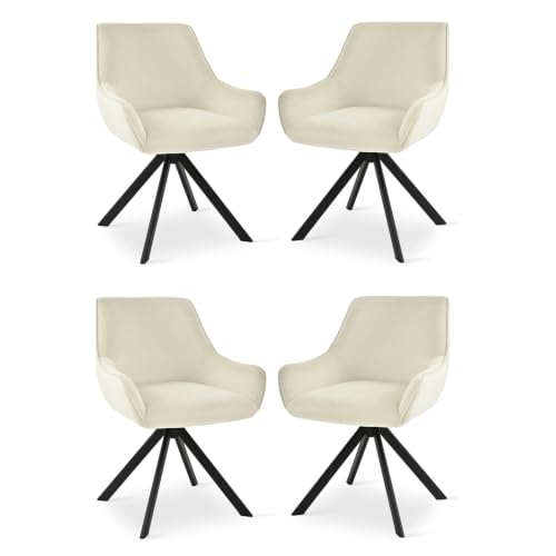 Image of Set of 4 Chairs 360 Degree Rotating New Legs Stylish, Modern, Elegant & Comfortable Velvet Arms Chairs for Dinning Living Hotel Cafe (4 Chairs) (Cream Set of 4)