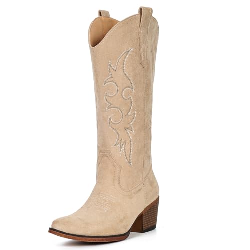 Image of IUV Cowboy Boots For Women Western Cowgirl Boots Mid Calf Snip Toe Boot With Chunky Heel