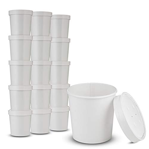 16 oz White Poly Paper Hot Cups for Hot Food and Soup or Cold Ice Cream with Vented Paper Lids to Prevent Leaks by MT Products - (20 Cups and 20 Lids)