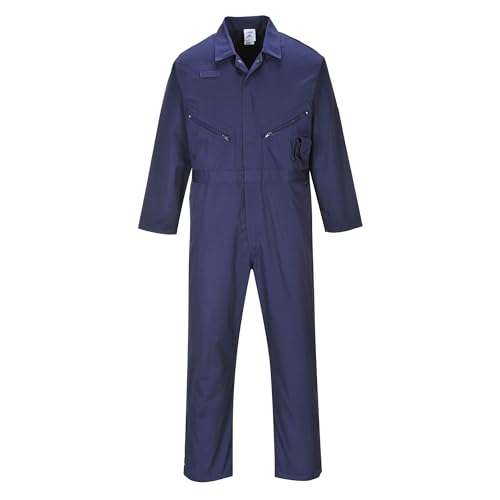 Image of Portwest C813 Liverpool Zipper Coverall with Front Snap Closure and 2 Way Zipper, Navy, Larget | Navy, Large, Loose Fit, 65% Polyester, 35% Cotton, Durable Polycotton Pre-Shrunk Fabric, 40+ UPF Rated Fabric, Construction