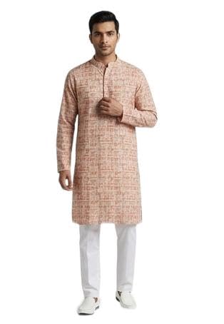 Men's Peach Printed Kurta with Pajam Set Mandarin Collar, (S)-image-34