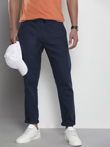 Image of The Indian Garage Co Men Slim Fit Solid Mid-Rise Elasticated Linen Trousers