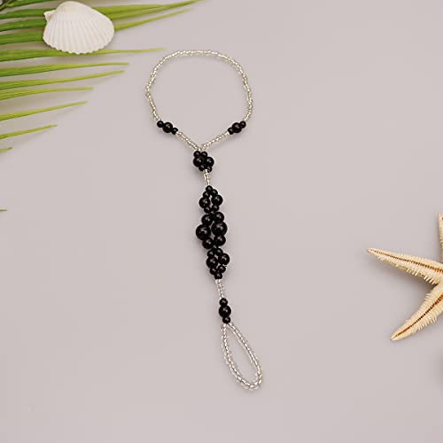 Image of Bohemian Handmade Shell Starfish Barefoot Sandals 2pcs Beach Wedding Foot Chain with Toe Ring for Bride Turquoise Crystal Pearl Beaded Anklet Accessory (Black pearl)