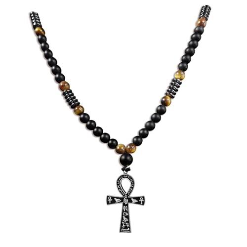 WishOne Cross Pendant Ancient Egyptian Hieroglyphic Symbol of Health and Eternal Life Men Cross Necklace with Tiger Eye Stone Obsidian Hematite Triple Protection Crystal Beads Chain, Black-Silver