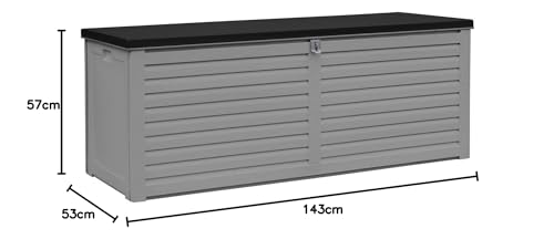 AIRWAVE Outdoor Plastic Garden Storage Box 390L, Weather and Fade Resistant, Lockable, Doubles as Storage Bench, Wood Effect, Indoors/Outdoors (Medium)