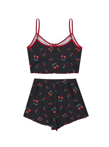 Image of Hilinker Womens Graphic Print Ribbed PJ Set Crop Cami Tops and Shorts Cute Pajamas Set