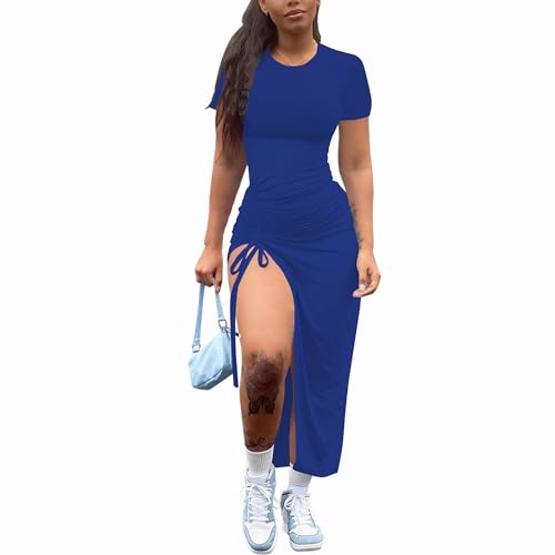 Image of Nimsruc Women Sexy Summer Dresses Short Sleeve Thigh-high Slit Ruched Bodycon Maxi Club Cocktail Party Dress