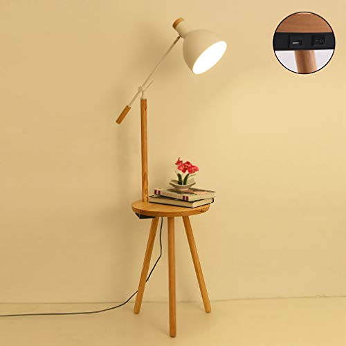 MYALQ Lampadaire Tripod avec Bois Etagere et USB Lampadaire sur Pied Hauteur Régleable Lampe de Lecture, pour Le Lecture, Le Travail, la Veilleuse,Blanc