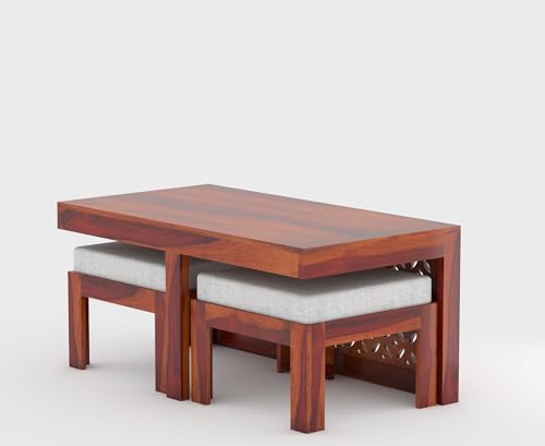 Image of ONIJA Modern Wooden Coffee Table with Carved Jali Design & Cushioned Stool | Center Table with Hidden Seating | Solid Wood Living Room Table (Honey Finish)