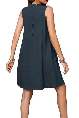 Image of R.Vivimos Sleeveless Cotton Casual Dresses for Women Summer 2026 Button Up Ruched Loose Tunic Mini Dress with Pockets