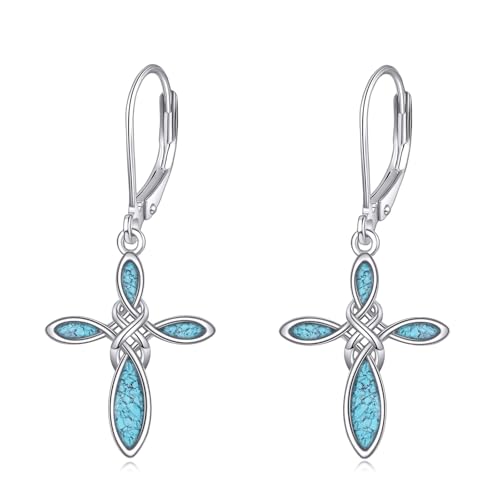 Cadeaux pour femmes boucles d'oreilles croix turquoise et argent celte