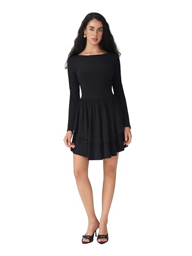 Women Boat Neck Long Sleeve Ribbed Tiered Ruffle Skater Mini Party Cocktail Dress2