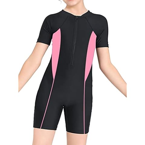 Nyeemya Kids Girls One Piece Swimsuits Short Sleeve Wetsuit Zippered Rash Guard Surfing Bathing Suit Pink 7-9 Years Cover