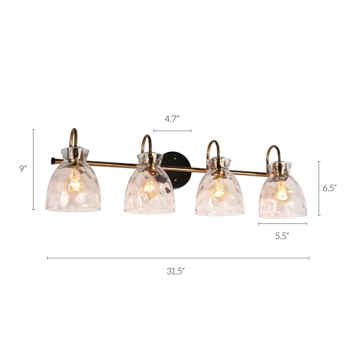 Image of KSANA Bathroom Vanity Lights, Mid-Century Modern 4 Light Bathroom Light Fixtures Black and Electroplated Copper Vanity Lights with Water Ripple Glass
