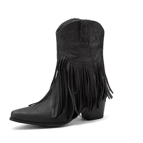 Womens Western Cowgirl Boots Pointed Toe Fringe Ankle Cowboy Boots for Women