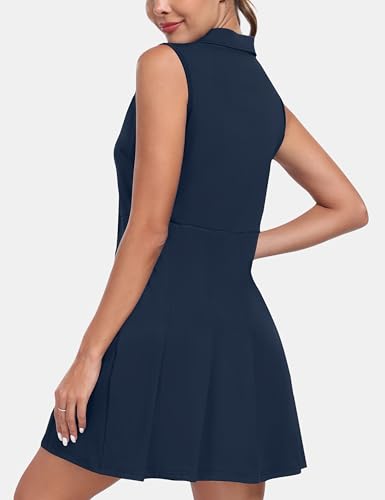 MoFiz Tenniskleid mit Hose Damen Ärmellos V-Ausschnitt Sommer Golf Sportkleider Freizeitkleider Polokleid mit Reißverschlusstaschen Blau EU L